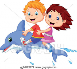 Vector Art - Cartoon boy and girl riding a dolph. EPS ...