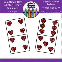 Dominoes Clip Art - Valentine's Day Hearts - Glitter Edition! Blacklines  Too!