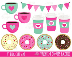 VALENTINE'S CLIPART, Coffee and donut clipart, donuts clipart, coffee  clipart, commercial use, cute clipart, dessert clip art, hearts, love