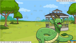 A Growling Green Dragon and A Victorian Park With Gazebo Background