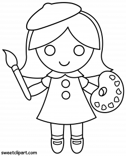 Little Artist Girl Coloring Page - Free Clip Art