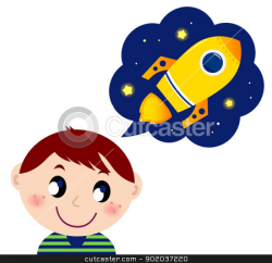 Little boy dreaming about rocket toy stock vector