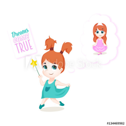 Dreaming cute little girl with magic wand. Vector ...
