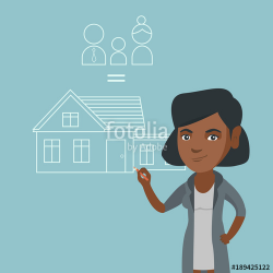 Young african-american woman drawing a family house. Smiling ...