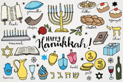 Hanukkah Clipart, holiday clipart, hand drawn clip art, chanukah  illustrations, Jewish holidays, dreidel menorah torah gelt challah party