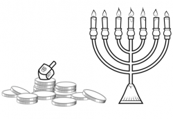 Hanukkah Menorah, Dreidel and Gelt coloring page | Free ...