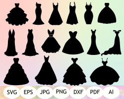 Dresses SVG, Dress Silhouette, Wedding Dress Clipart, Party ...