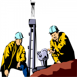 Oil Workers with Drill Bit and Derrick - Vector Image