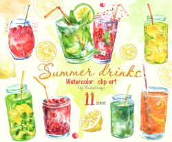 Watercolor Drinks Clipart Party Cocktail Holiday Citrus Lime lemon Mojito  Mint handpainted Vacation Watercolor Summer Tropical DIY Pack
