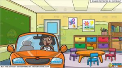 A Black Woman Driving An Orange Sedan and Inside A Kindergarten Classroom  Background