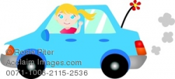 Clipart Image of A Blonde Girl Driving a Blue Compact Car