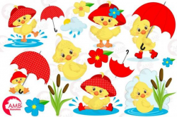 Duck Clipart, Umbrella Clipart, Spring Clipart, April Showers Clipart,  Rainy Day clipart, Cute duck clipart, Commercial Use AMB-1823