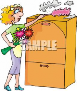 A Maid Dusting the Top of a Dresser - Clipart