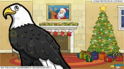 A Bald Eagle and A Fireplace Beside A Christmas Tree Background