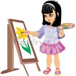 A Little Girl with a Paint Palette and a Brush Painting a Flower clipart.  Royalty-free clipart # 369321