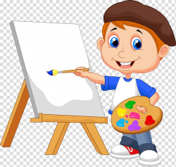 Boy standing beside easel holding paintbrush , Painting ...