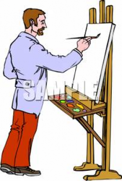 A Man Painting On A Canvas Setting On An Easel - Royalty ...