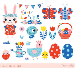 Cute Easter clipart spring, Happy Easter clip art set, Easter bunny clipart  rabbit, Easter egg hunt clipart, chick, animal, hen, butterfly