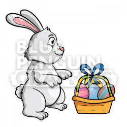 Easter Grey Rabbit With A Basket Of Eggs Vector Cartoon Clipart Illustration