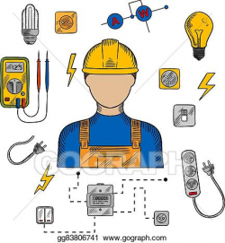 Vector Illustration - Electrician man, tools and equipment ...