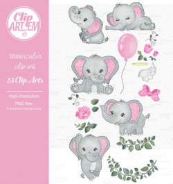 Elephant girl clip art, watercolor. Watercolor Baby Elephant clipart, gray,  pink,baby shower, birthday. Roses, angel elephant commercial use