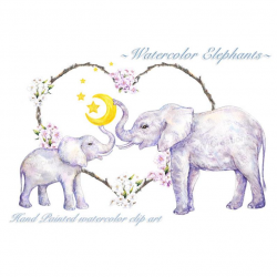 Watercolor Elephant Clipart, Mother's day, Love Animal, Mommy and Baby  elephant, Heart, Flower Wreath, Frame, Star, Moon, Maple, Nursery
