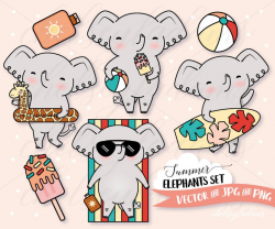 Summer Elephants Clipart Set, Vector Clip Art, Surfboard, Beach, Popsicle,  Kawaii, Commercial Use Planner Sticker Graphics, Cute, Vacation