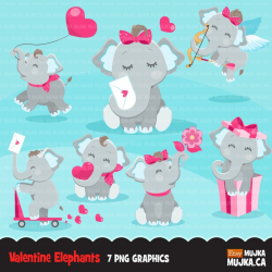 Valentine Elephants Clipart. Valentine's Day animal illustration, cupid,  pink hearts, love, ribbon, balloon graphic Commercial use clip art