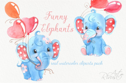 Baby Elephants Clipart - Watercolor Clip art, Wild Animals Clipart,  Printable Clipart, Elephants with Balloons, Hearts, Polka Dots, Baby boy