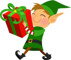 Clip art of a grinning elf carrying a large wrapped ...