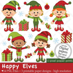 Christmas clipart - Happy Elves - Clip art and Digital paper set