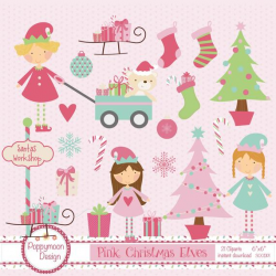 Pink christmas elves, printable digital clipart set