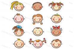 Set of happy cartoon kids faces. Emotions clipart, kids clipart, children  clipart.