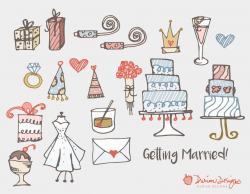 Cute wedding and engagement clipart commercial use, ring dress cake  presents flower bouquet clip art bride champagne groom instant download