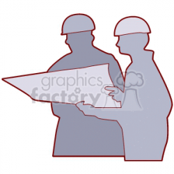 Silhouette of two construction workers looking at blueprints clipart.  Royalty-free clipart # 159889