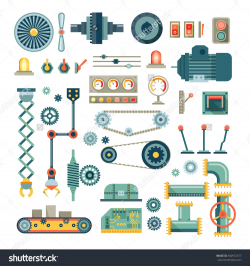 Parts Of Machinery And Robot Flat Icons Set. Mechanical ...