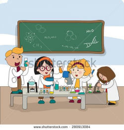 Cartoon scientist children are studying and working ...