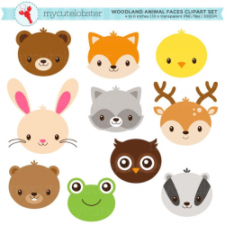 Woodland Animal Faces Clipart Set - cute animals, rabbit, deer, fox, frog,  owl, faces - personal use, small commercial use, instant download