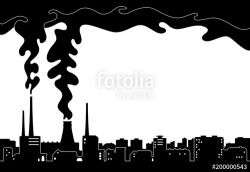 Illustration of a dark city and industrial area; Smoke from ...