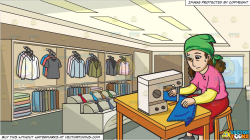 A Female Factory Worker Sewing A Pair Of Pants and Inside A Clothing Shop  For Men Background