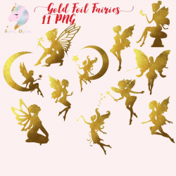 Gold foil fairies, fairy clip art, gold foil clipart, fairy silhouettes,  christmas graphics, fantasy cliparts, fairy on the moon, fairies,