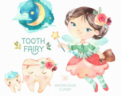 Tooth Fairy. Watercolor magic clipart, teeth, baby tooth, fun, little  fairy, wings, fairytale, flowers, kids, nursery, babies, baby-shower