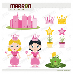 Fairytale Princesses Clip Art perfect for birthdays cute pink princess and  prince frog, castle and flowers from Marron Studio