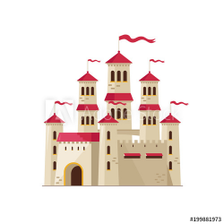 Flat design of beautiful castle from fairytale with flying ...