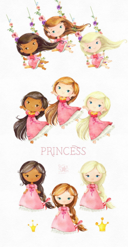 Princess Pink. Watercolor fairytale clipart, royal girl ...