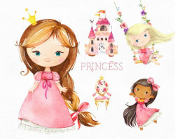 Princess Pink. Watercolor fairytale royal girl, lady, carriage, swing,  castle crown,gold, valentines, nursery, baby-shower starjamforkids