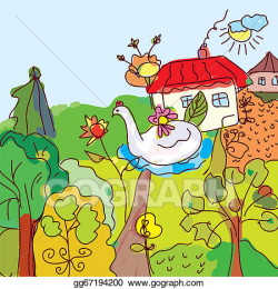 Vector Art - Kid drawing landscape, house, trees from ...