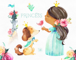 Princess. Watercolor fairytale clipart, royal, girl, brown skin, bath,  tower, horse, dog, cat, bird, flowers, kids, nursery, baby-shower
