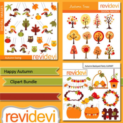 Fall clipart bundle. Autumn trees, leaves, swing, birds. Commercial use  digital clip art PNG files