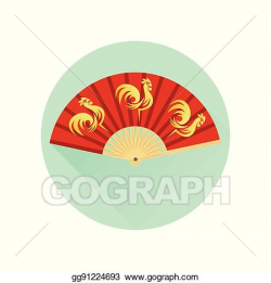 Vector Clipart - Chinese fan with gold roosters flat icon ...